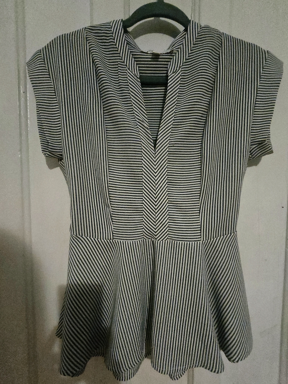 Striped Grey and White V-Neck Peplum Top